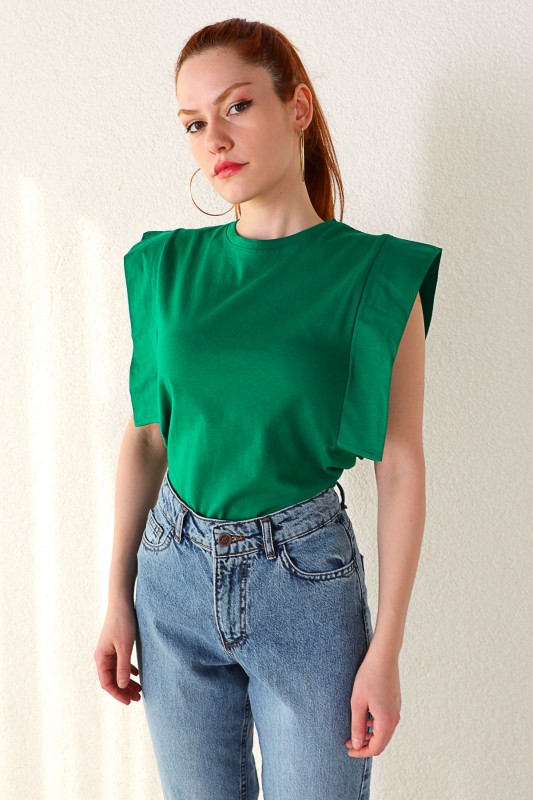 BLZ-06184 Yeşil Kol Detaylı Salaş Basic Bluz