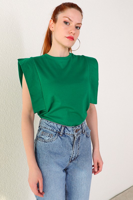 BLZ-06184 Yeşil Kol Detaylı Salaş Basic Bluz