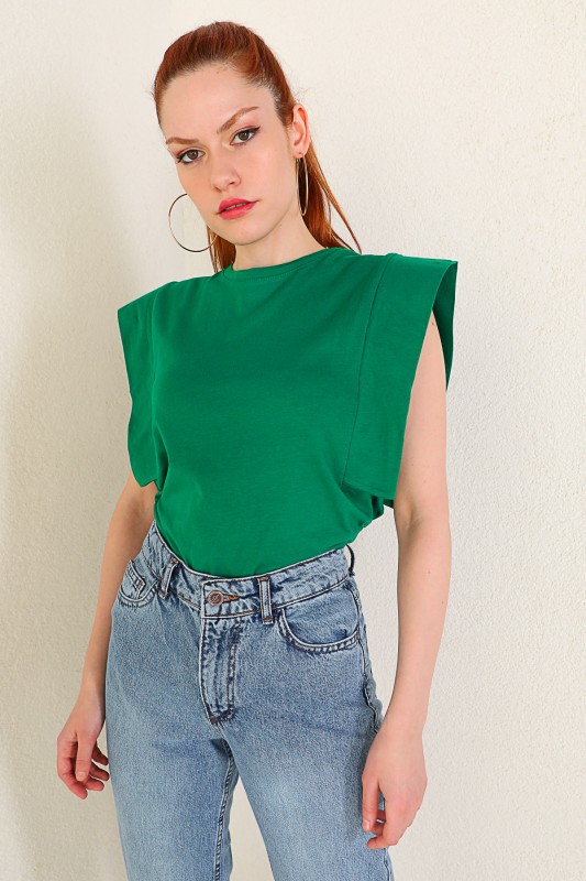 BLZ-06184 Yeşil Kol Detaylı Salaş Basic Bluz