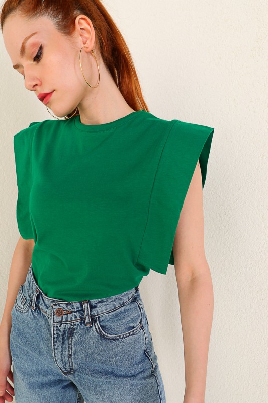 BLZ-06184 Yeşil Kol Detaylı Salaş Basic Bluz