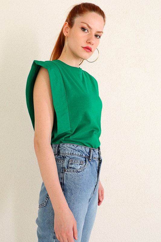BLZ-06184 Yeşil Kol Detaylı Salaş Basic Bluz