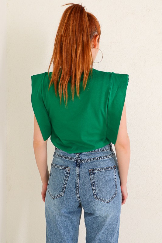 BLZ-06184 Yeşil Kol Detaylı Salaş Basic Bluz
