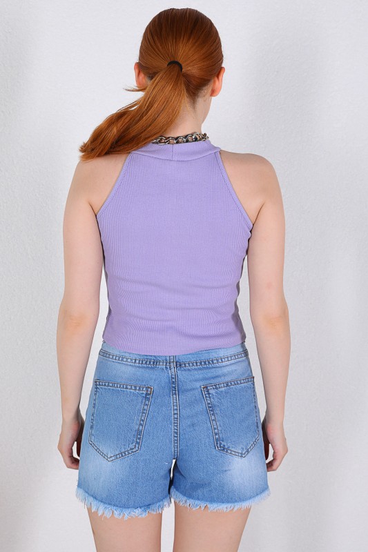 BLZ-06185 Lila Yuvarlak Yaka Detaylı Kaşkorse Kumaş Bluz