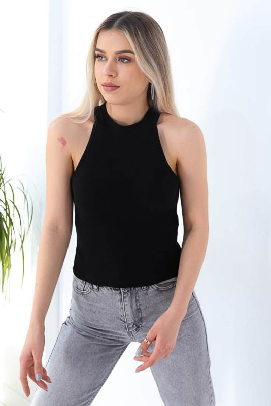 BLZ-06185 Siyah Yuvarlak Yaka Detaylı Kaşkorse Kumaş Bluz