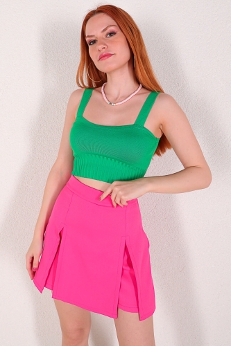 BLZ-06186 Yeşil Kalın Askılı Crop Triko Bluz - Thumbnail