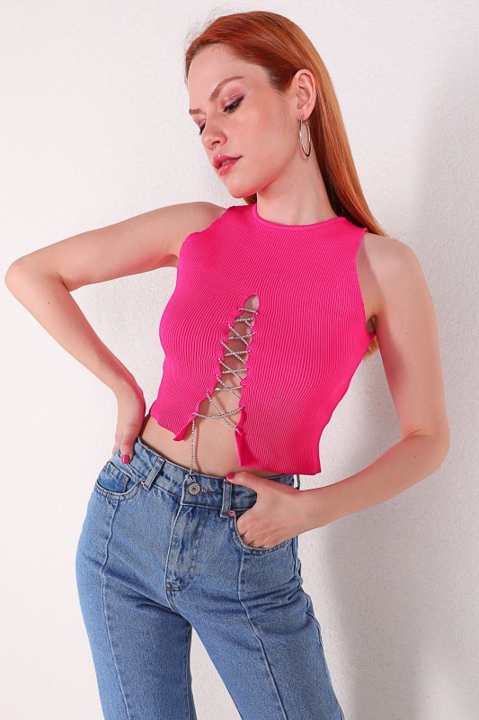 BLZ-06187 Pembe Çapraz Taş Detaylı Crop Triko Bluz