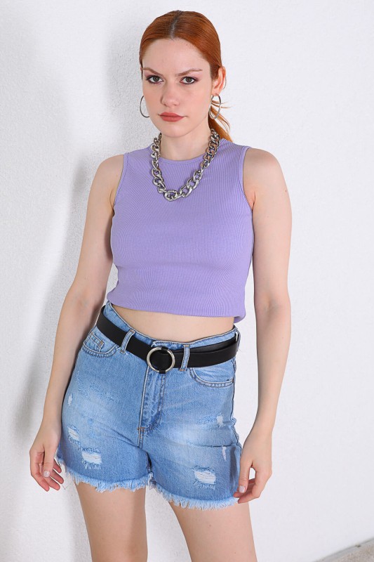 BLZ-06188 Lila Yuvarlak Yaka Kaşkorse Kumaş Bluz