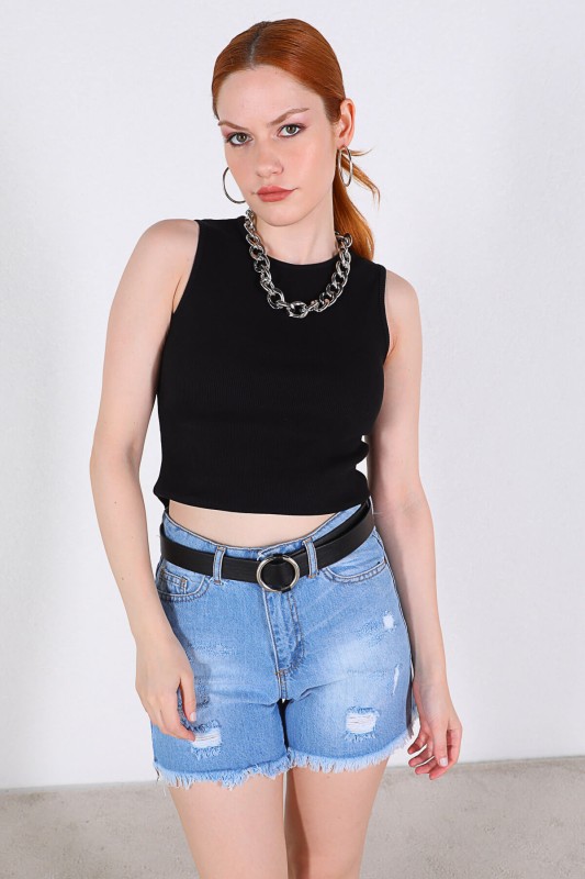 BLZ-06188 Siyah Yuvarlak Yaka Kaşkorse Kumaş Bluz
