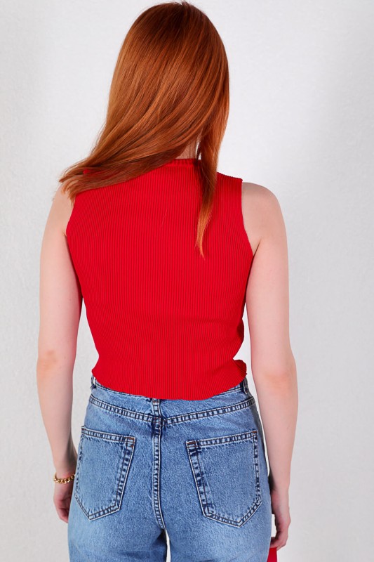 BLZ-06190 Kırmızı Dik Yaka Fermuar Detaylı Triko Bluz