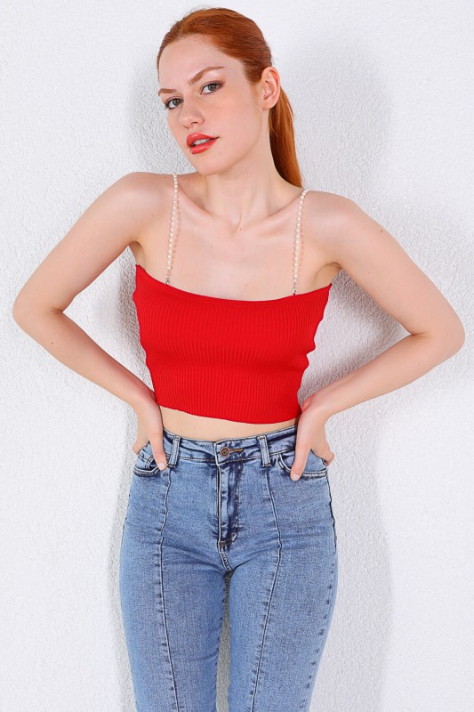BLZ-06192 Kırmızı İnci Askılı Triko Bluz