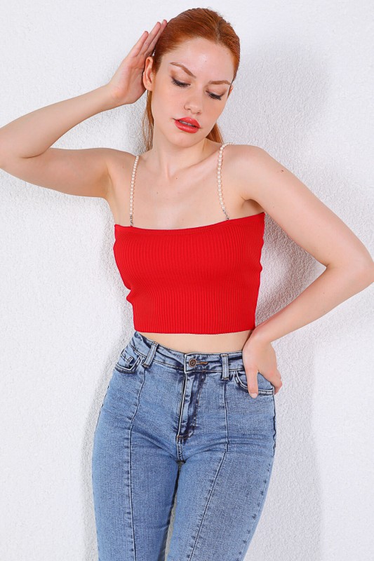 BLZ-06192 Kırmızı İnci Askılı Triko Bluz