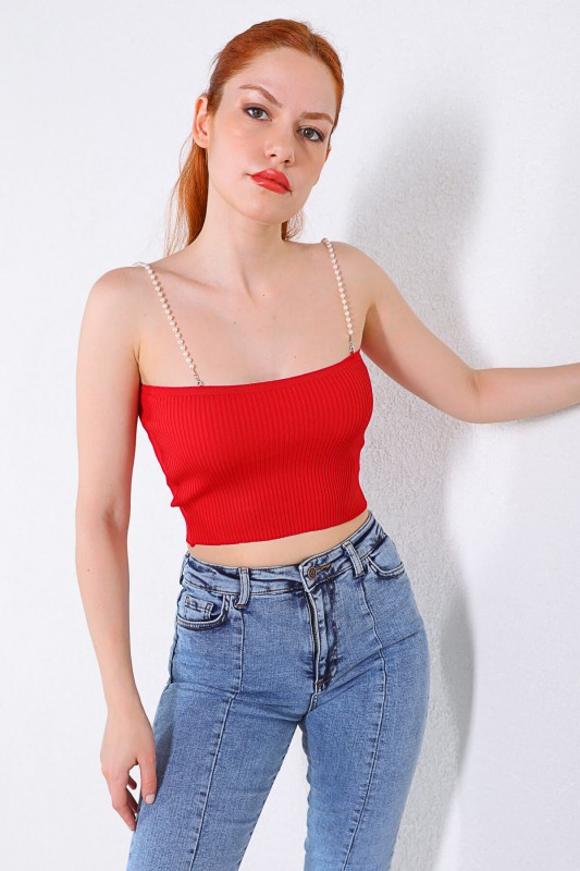 BLZ-06192 Kırmızı İnci Askılı Triko Bluz