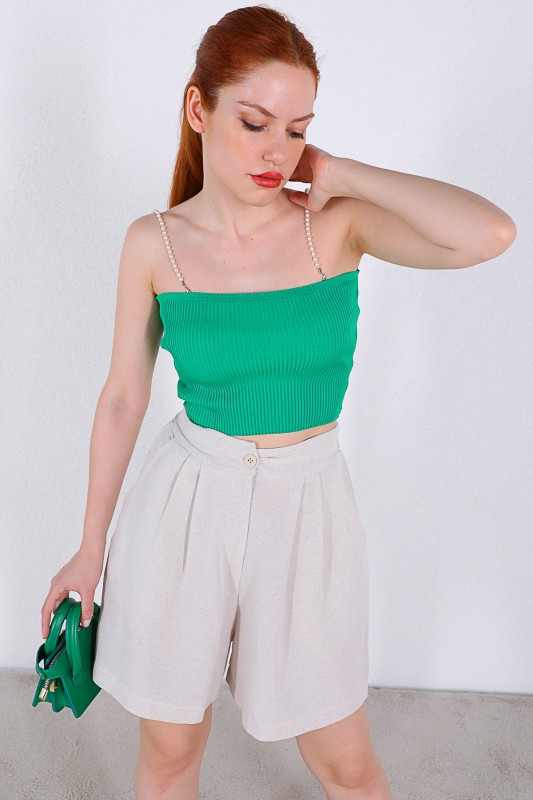 BLZ-06192 Yeşil İnci Askılı Triko Bluz