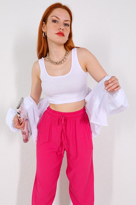BLZ-06193 Beyaz Kaşkorse Askılı Crop Bluz
