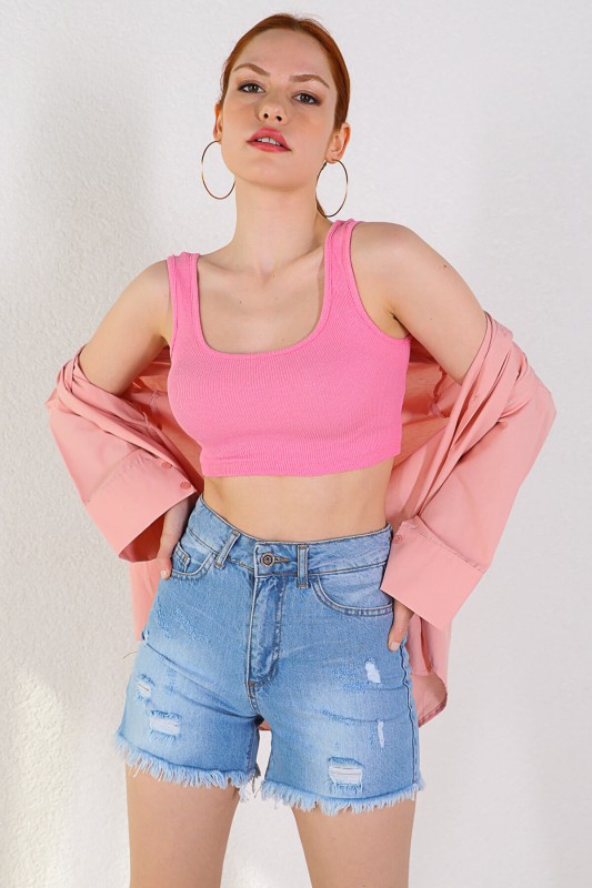 BLZ-06193 Pembe Kaşkorse Askılı Crop Bluz