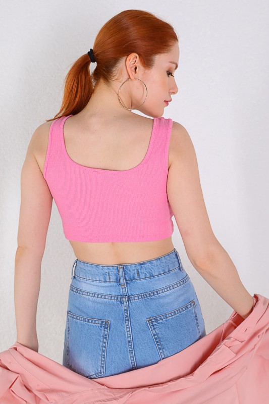 BLZ-06193 Pembe Kaşkorse Askılı Crop Bluz