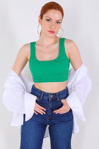 BLZ-06193 Yeşil Kaşkorse Askılı Crop Bluz - Thumbnail
