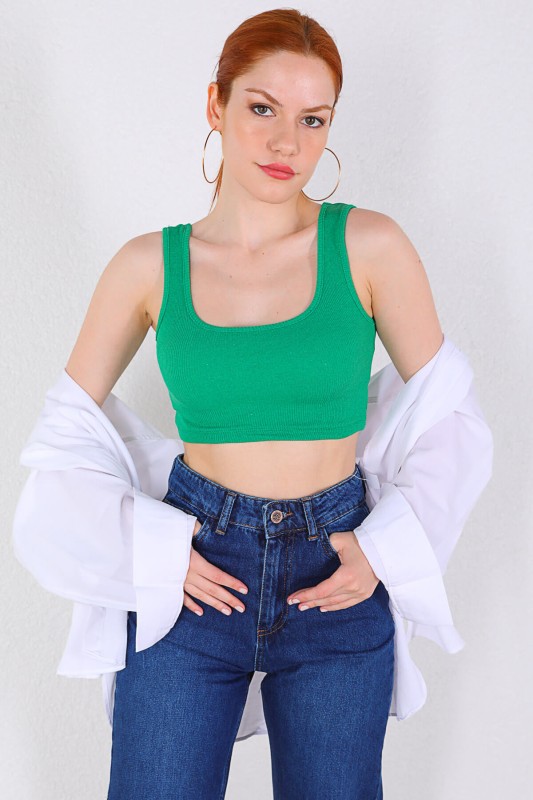 BLZ-06193 Yeşil Kaşkorse Askılı Crop Bluz