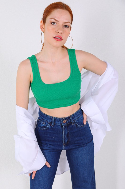 BLZ-06193 Yeşil Kaşkorse Askılı Crop Bluz