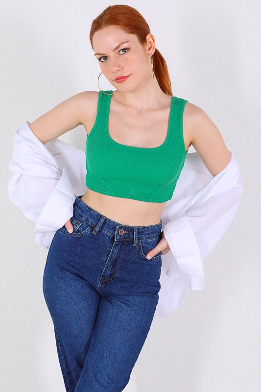 BLZ-06193 Yeşil Kaşkorse Askılı Crop Bluz