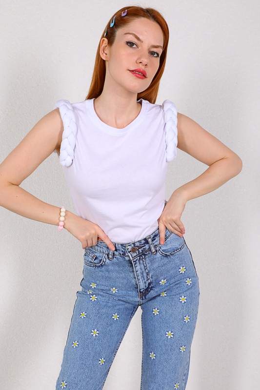 BLZ-06195 Beyaz Kol Örgü Detaylı Basic Salaş Bluz