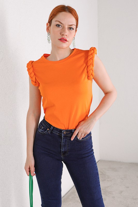 BLZ-06195 Turuncu Kol Örgü Detaylı Basic Salaş Bluz
