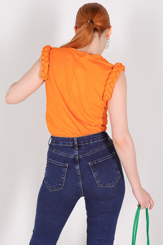 BLZ-06195 Turuncu Kol Örgü Detaylı Basic Salaş Bluz