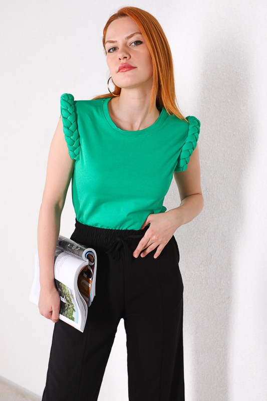 BLZ-06195 Yeşil Kol Örgü Detaylı Basic Salaş Bluz