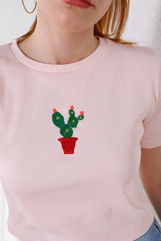 BLZ-06197 Pudra Kaktüs Nakışlı Kaşkorse Kumaş Crop Bluz