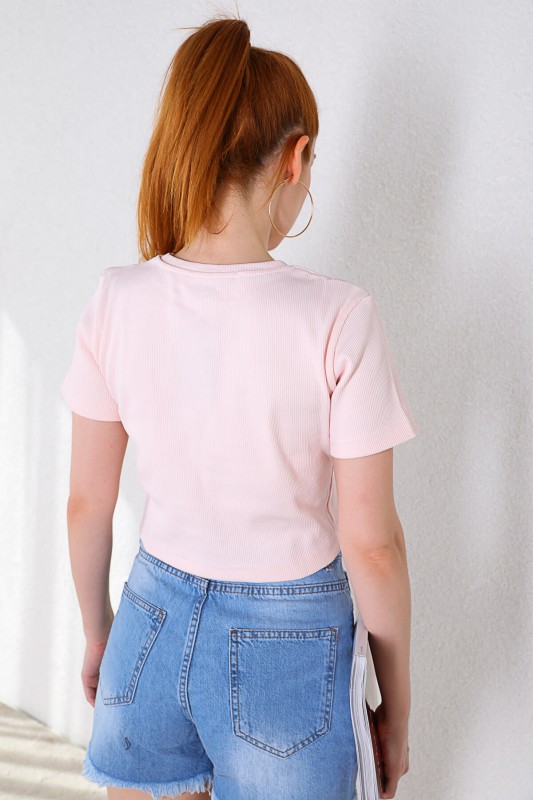 BLZ-06197 Pudra Kaktüs Nakışlı Kaşkorse Kumaş Crop Bluz