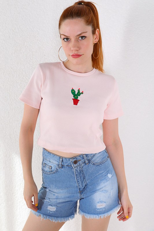 BLZ-06197 Pudra Kaktüs Nakışlı Kaşkorse Kumaş Crop Bluz