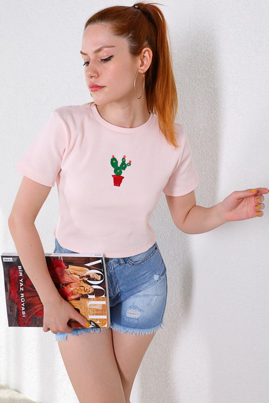 BLZ-06197 Pudra Kaktüs Nakışlı Kaşkorse Kumaş Crop Bluz
