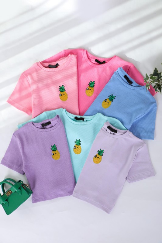 BLZ-06198 Mor Ananas Nakışlı Kaşkorse Kumaş Crop Bluz