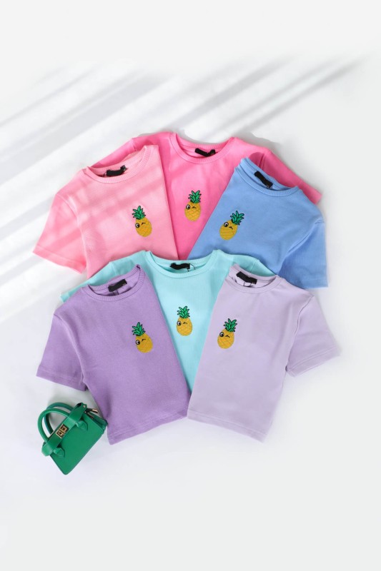 BLZ-06198 Mor Ananas Nakışlı Kaşkorse Kumaş Crop Bluz