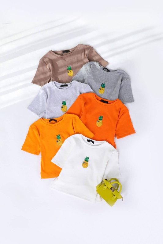 BLZ-06198 Mor Ananas Nakışlı Kaşkorse Kumaş Crop Bluz