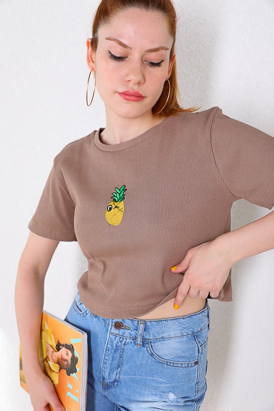 BLZ-06198 Vizon Ananas Nakışlı Kaşkorse Kumaş Crop Bluz