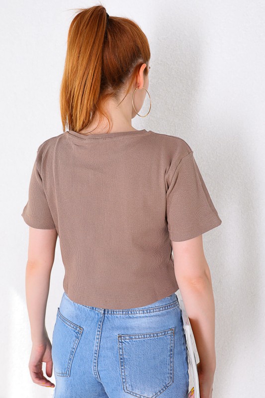 BLZ-06198 Vizon Ananas Nakışlı Kaşkorse Kumaş Crop Bluz