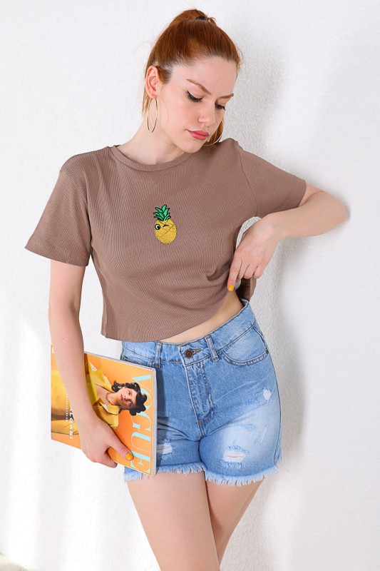 BLZ-06198 Vizon Ananas Nakışlı Kaşkorse Kumaş Crop Bluz