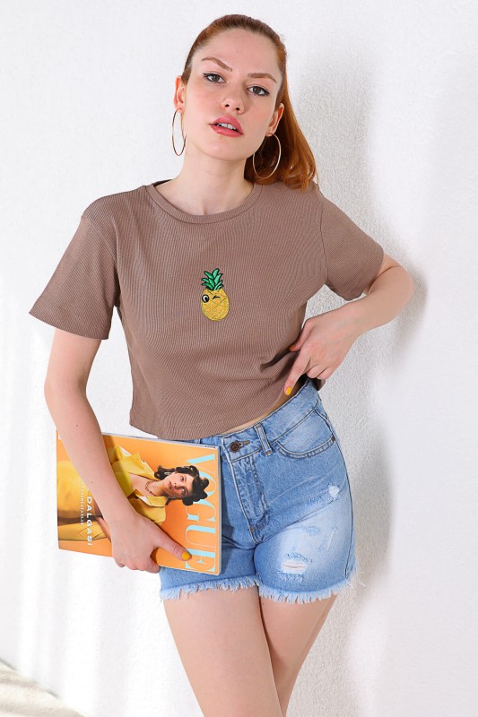 BLZ-06198 Vizon Ananas Nakışlı Kaşkorse Kumaş Crop Bluz
