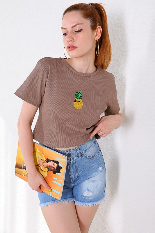 BLZ-06198 Vizon Ananas Nakışlı Kaşkorse Kumaş Crop Bluz
