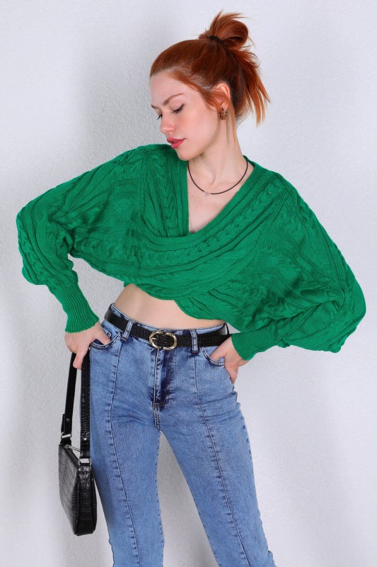 BLZ-06199 Yeşil Örgü Detaylı Çapraz Tasarım Triko Bluz