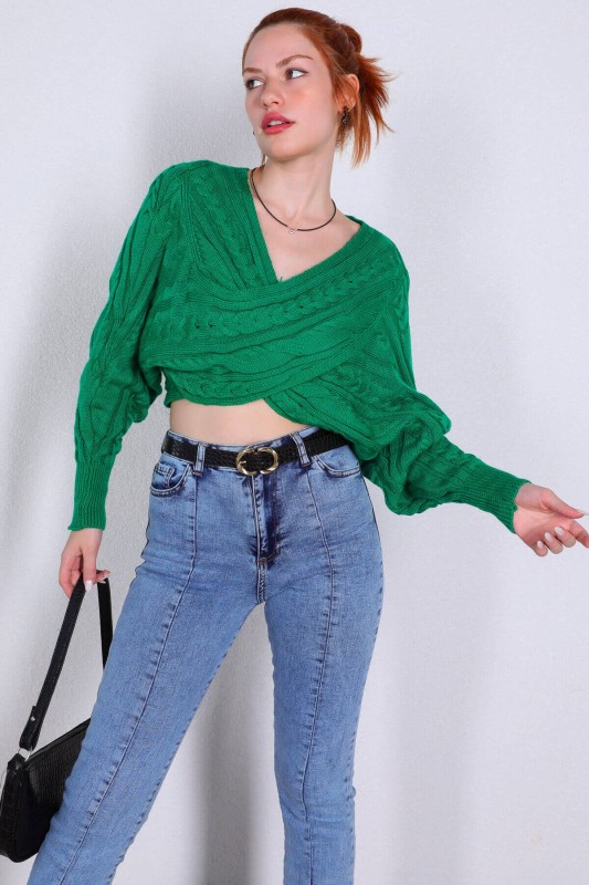BLZ-06199 Yeşil Örgü Detaylı Çapraz Tasarım Triko Bluz