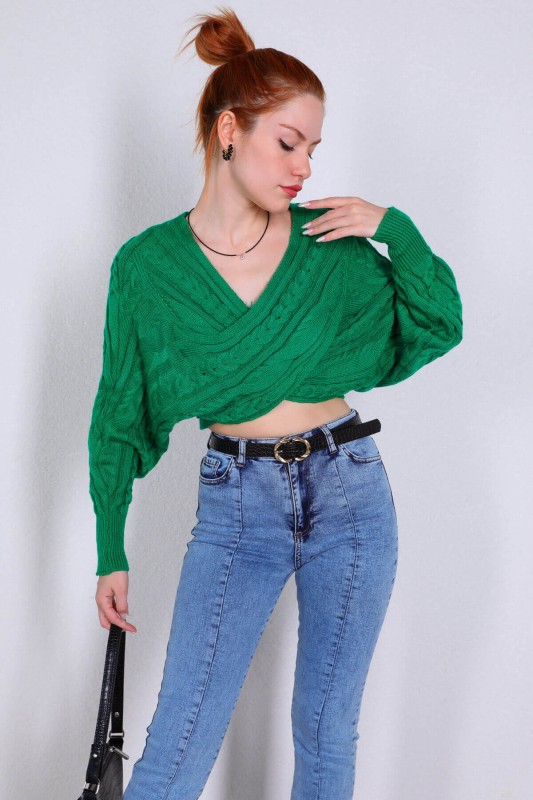 BLZ-06199 Yeşil Örgü Detaylı Çapraz Tasarım Triko Bluz