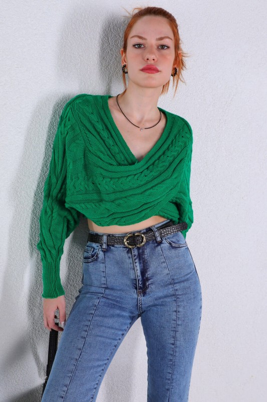 BLZ-06199 Yeşil Örgü Detaylı Çapraz Tasarım Triko Bluz