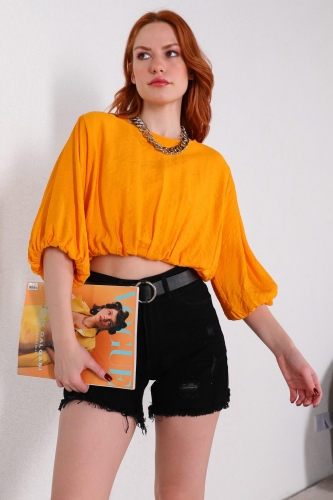 Cappmoda - BLZ-06202 Hardal Büzgülü Lastik Kollu Bluz (1)