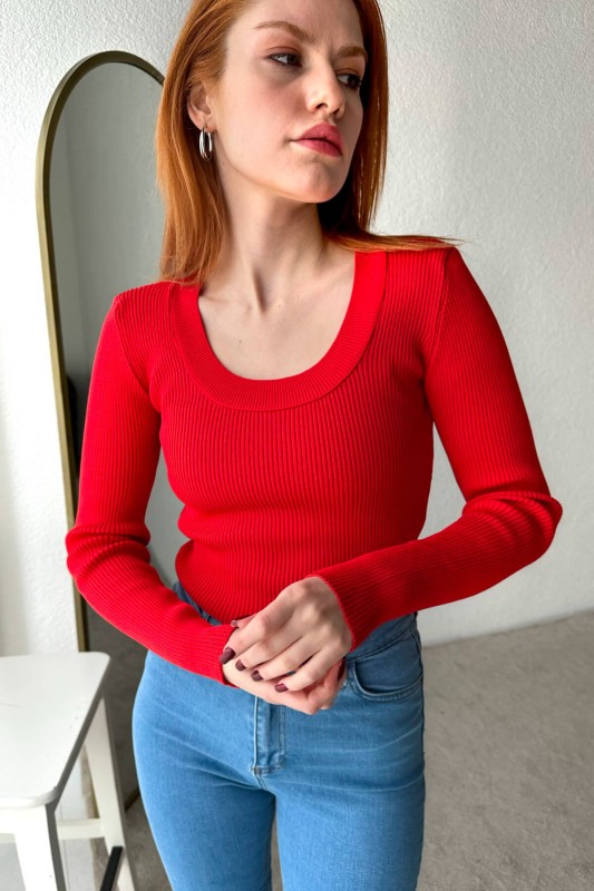 BLZ-3925 Kırmızı Bisiklet Yaka Triko Bluz