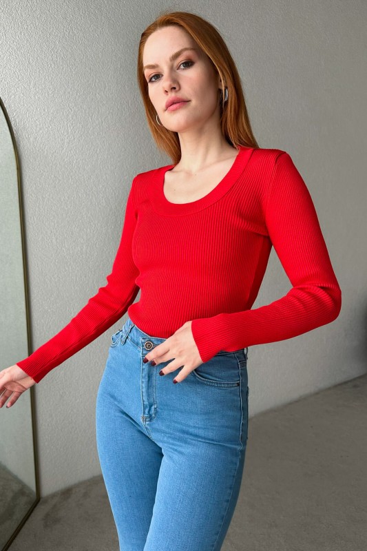 BLZ-3925 Kırmızı Bisiklet Yaka Triko Bluz