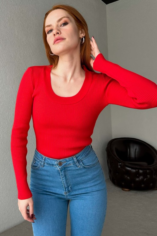BLZ-3925 Kırmızı Bisiklet Yaka Triko Bluz
