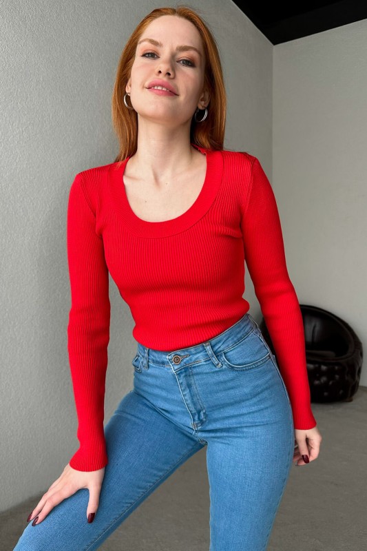 BLZ-3925 Kırmızı Bisiklet Yaka Triko Bluz