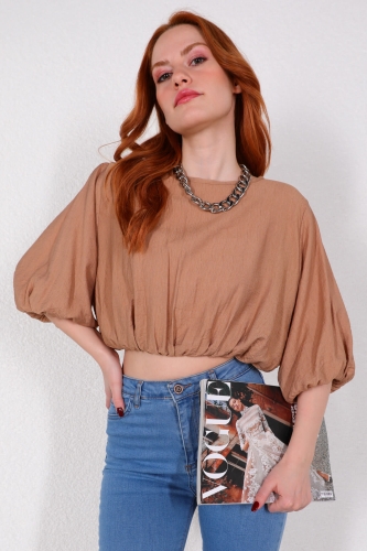 Cappmoda - BLZ-06202 Vizon Büzgülü Lastik Kollu Bluz (1)